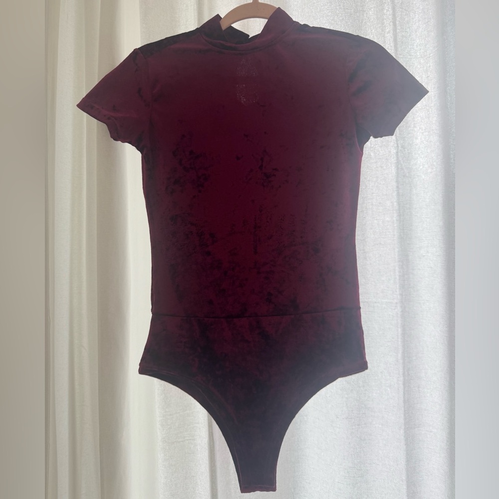 Aqua Short Sleeve Velvet One-Piece Bodysuit - Burgundy